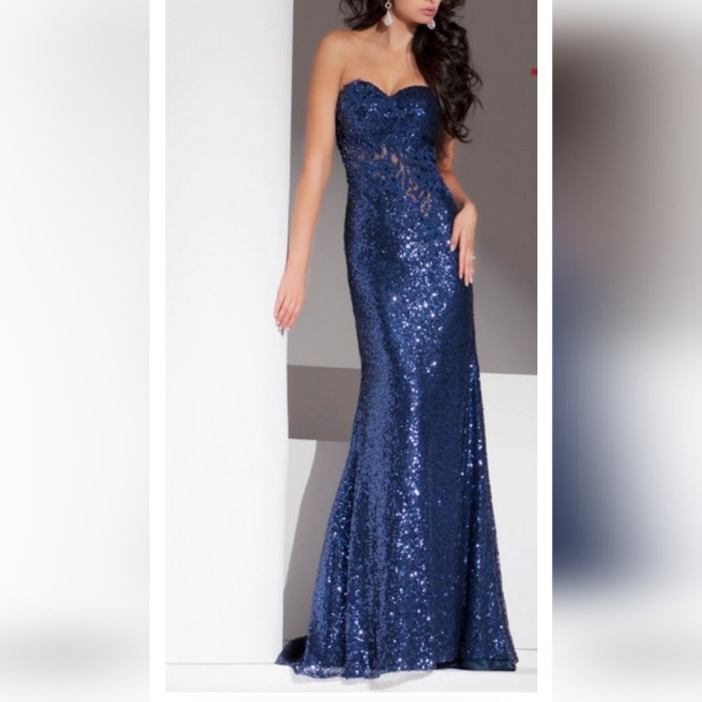 Tony Bowls Le Gala Blue Sequin Gown with Illusion Size 2